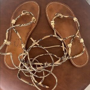 St. Tropez Bikini Brown Python Snake Leather Lace-Up Wrap Sandals Sz7